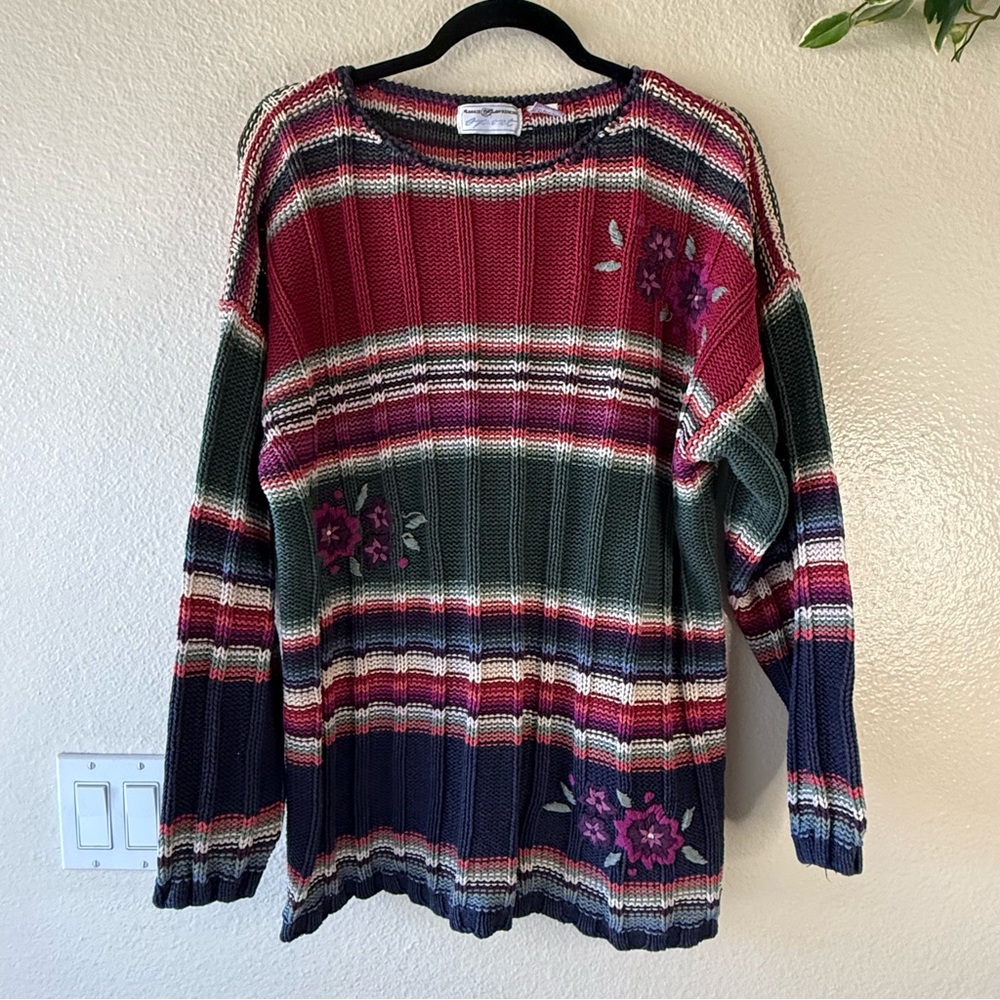 Vintage Maggie Lawrence Sport Striped Colorblock Floral Embroidered Sweater
